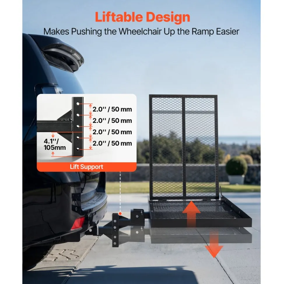 VEVOR Hitch Mount Wheelchair Carrier Height Adjustable, 500LBS Steel Mobility Scooter Carrier Cargo Basket with Folding Ramp & Stabilizer Kit, Fits 2" Hitch Receiver for Truck SUV Car, 46.1" x 26.8"