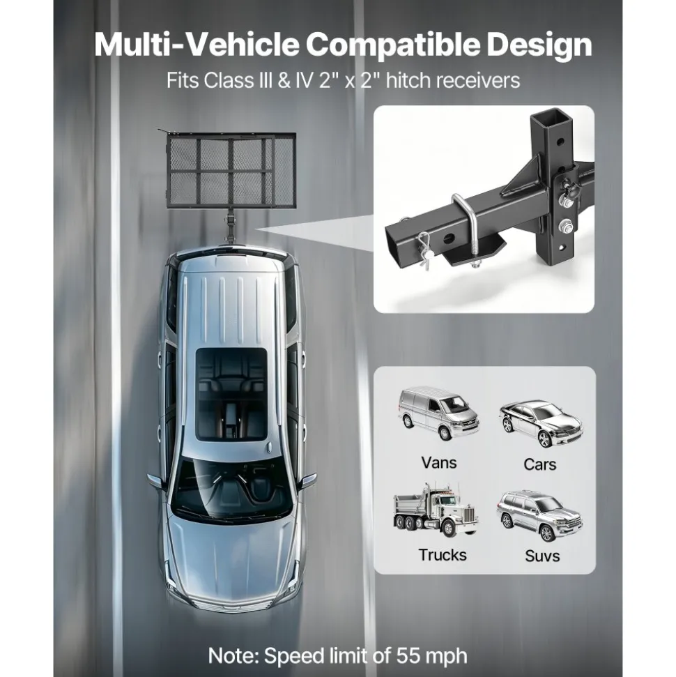VEVOR Hitch Mount Wheelchair Carrier Height Adjustable, 500LBS Steel Mobility Scooter Carrier Cargo Basket with Folding Ramp & Stabilizer Kit, Fits 2" Hitch Receiver for Truck SUV Car, 46.1" x 26.8"