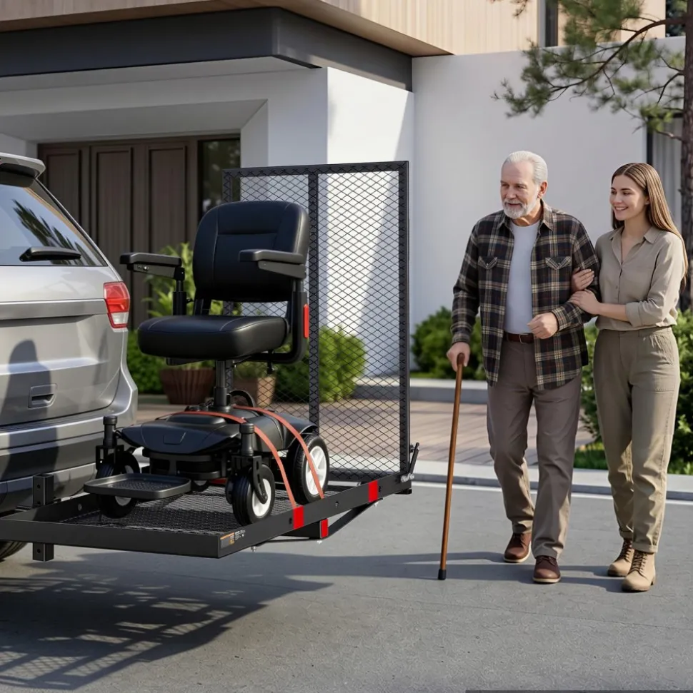 VEVOR Hitch Mount Wheelchair Carrier Height Adjustable, 500LBS Steel Mobility Scooter Carrier Cargo Basket with Folding Ramp & Stabilizer Kit, Fits 2" Hitch Receiver for Truck SUV Car, 46.1" x 26.8"