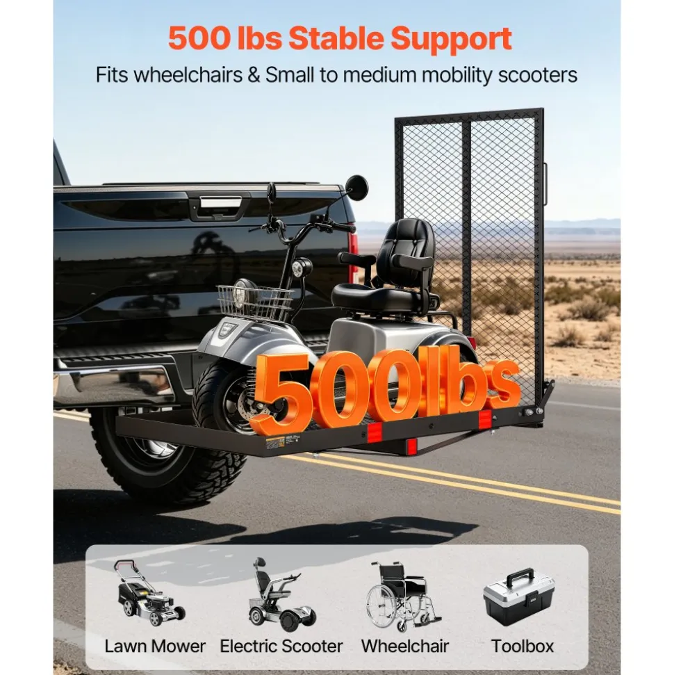 VEVOR Hitch Mount Wheelchair Carrier Height Adjustable, 500LBS Steel Mobility Scooter Carrier Cargo Basket with Folding Ramp & Stabilizer Kit, Fits 2" Hitch Receiver for Truck SUV Car, 46.1" x 26.8"