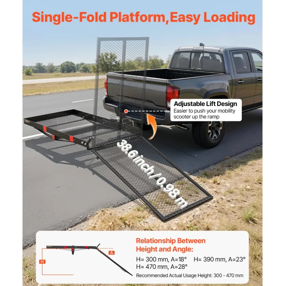 VEVOR Hitch Mount Wheelchair Carrier Height Adjustable, 500LBS Steel Mobility Scooter Carrier Cargo Basket with Folding Ramp & Stabilizer Kit, Fits 2" Hitch Receiver for Truck SUV Car, 46.1" x 26.8"