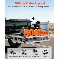 VEVOR Hitch Mount Wheelchair Carrier Height Adjustable, 500LBS Steel Mobility Scooter Carrier Cargo Basket with Double-Folding Ramp & Stabilizer Kit, Fit 2