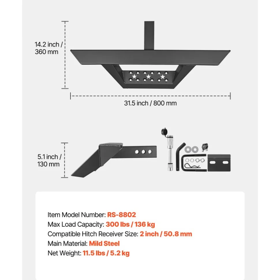 VEVOR Hitch Step for 2 Inch Receiver, Universal Rear Bumper Guard Protector with 300 LBS Load Capacity, Non-Slip Tow Hitch Step with Pin Lock and Stabilizer, Fit for Truck, SUV, Pickup, Trailer