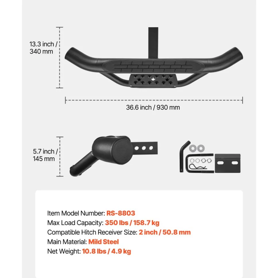 VEVOR Hitch Step for 2 Inch Receiver, Universal Rear Bumper Guard Protector with 350 LBS Load Capacity, Strong Mild Steel Construction with Pin Kit and Stabilizer, Fit for Truck, SUV, Pickup, Trailer