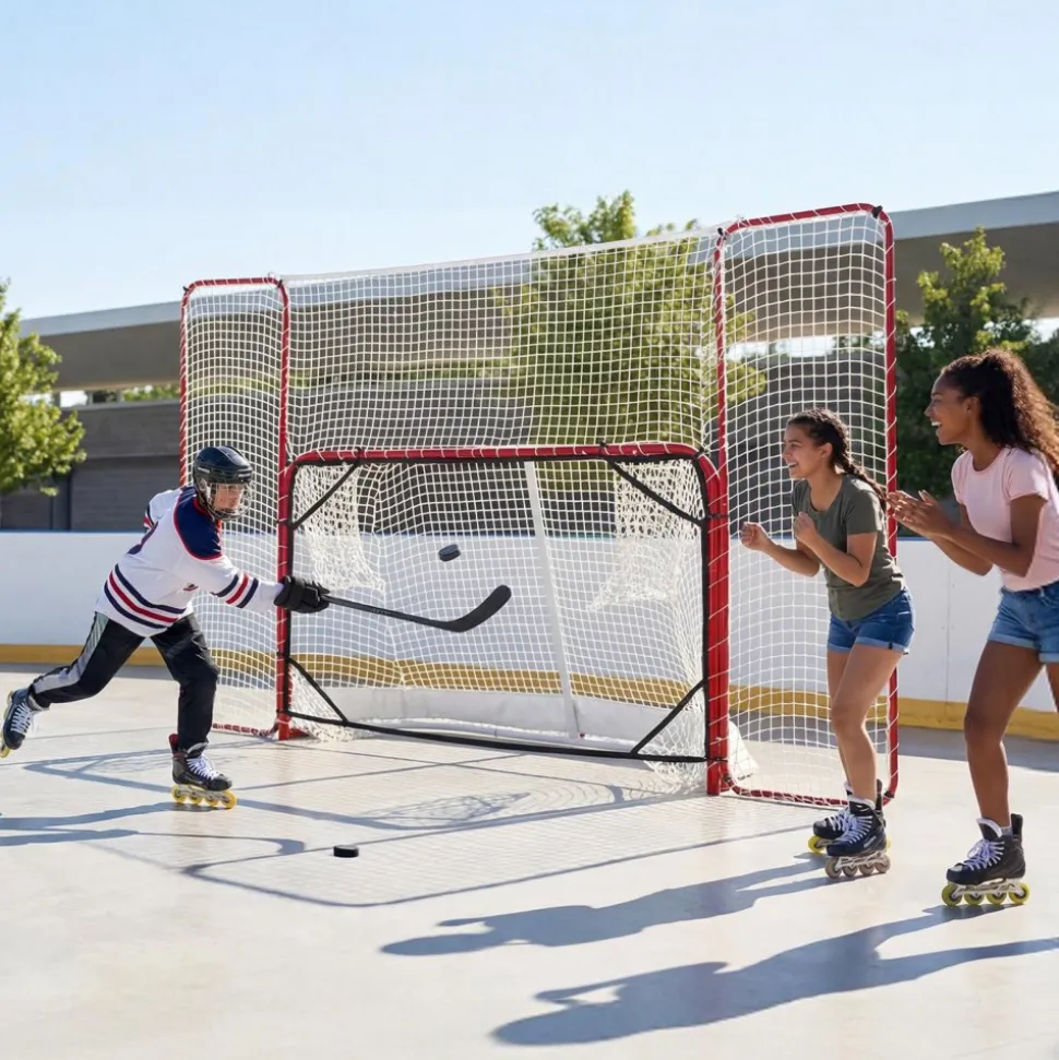 VEVOR Hockey Goal with Backstop and Targets, 10x6FT Street Steel Hockey Goal Set, Pro Lightweight and Portable Training Equipment, Durable Net for Indoor & Outdoor Use, Easy Assembly, White/Red