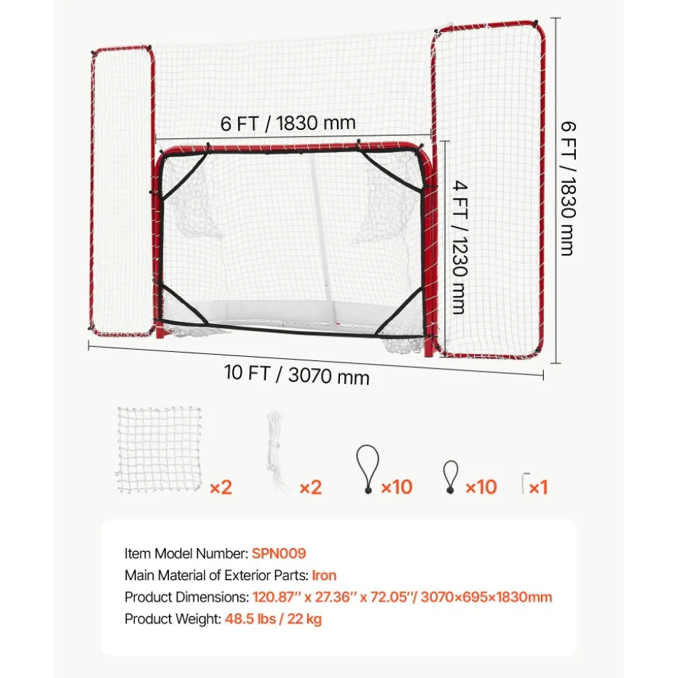 VEVOR Hockey Goal with Backstop and Targets, 10x6FT Street Steel Hockey Goal Set, Pro Lightweight and Portable Training Equipment, Durable Net for Indoor & Outdoor Use, Easy Assembly, White/Red