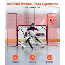 VEVOR Hockey Goal with Backstop and Targets, 10x6FT Street Steel Hockey Goal Set, Pro Lightweight and Portable Training Equipment, Durable Net for Indoor & Outdoor Use, Easy Assembly, White/Red