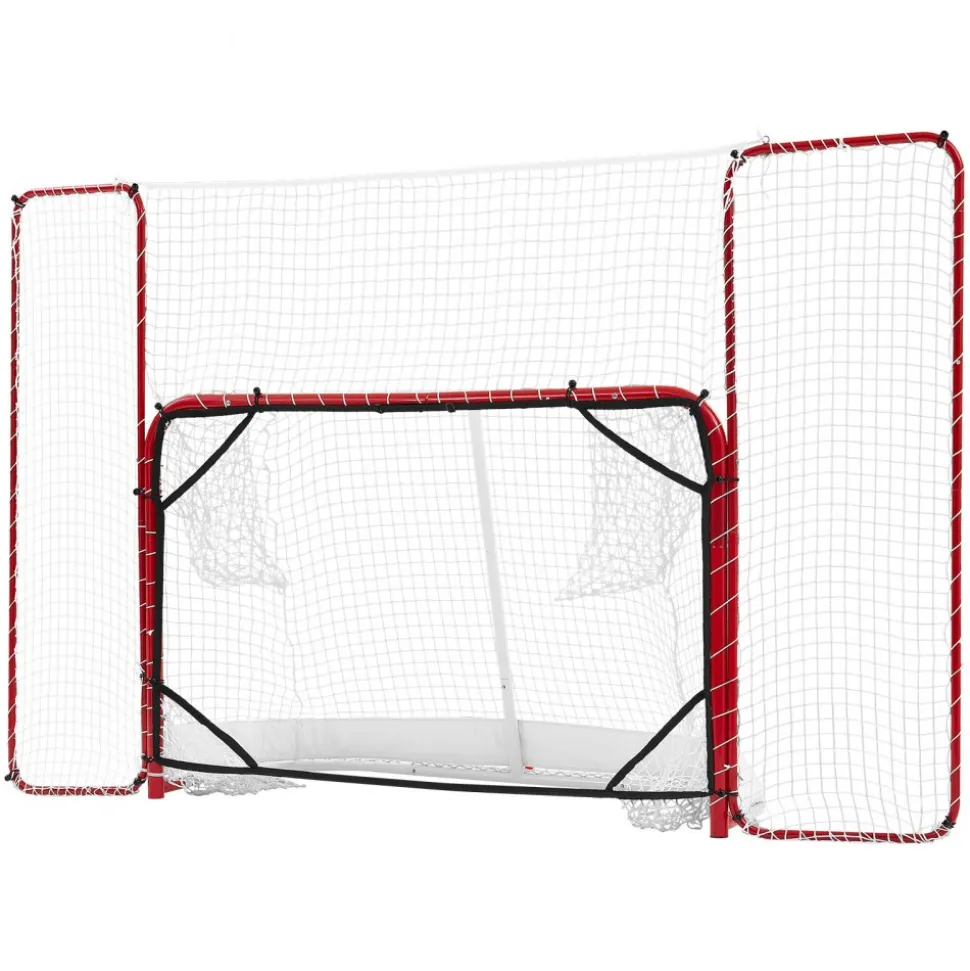 VEVOR Hockey Goal with Backstop and Targets, 10x6FT Street Steel Hockey Goal Set, Pro Lightweight and Portable Training Equipment, Durable Net for Indoor & Outdoor Use, Easy Assembly, White/Red