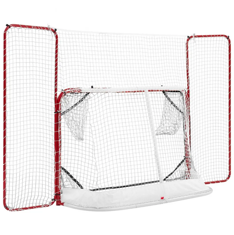 VEVOR Hockey Goal with Backstop and Targets, 10x6FT Street Steel Hockey Goal Set, Pro Lightweight and Portable Training Equipment, Durable Net for Indoor & Outdoor Use, Easy Assembly, White/Red