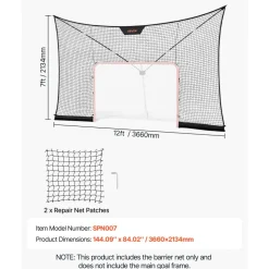 VEVOR Hockey Net Backstop, 12x7 ft Durable Hockey Goal Backstop Net with Extended Coverage, Lightweight and Portable Backyard Training Equipment, Easy Assembly, for Youth Adult (NET ONLY)