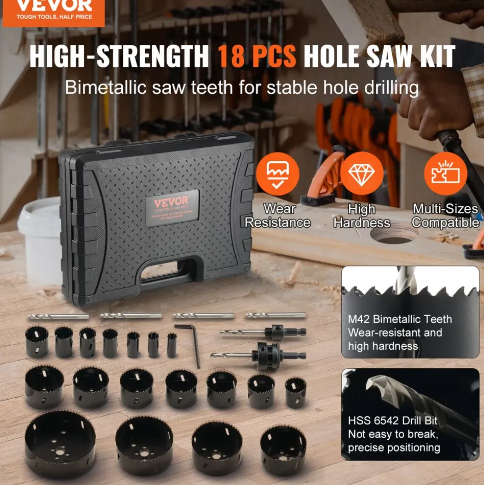 VEVOR Hole Saw Kit, 18 PCS Saw Blades, 6 Drill Bits, 1 Hex Wrench, General Purpose Size from 3/4" to 4-1/2", Bi Metal M42 Hole Saw Set with Carrying Case, Ideal for Wood Board, Plastic and Iron Plate