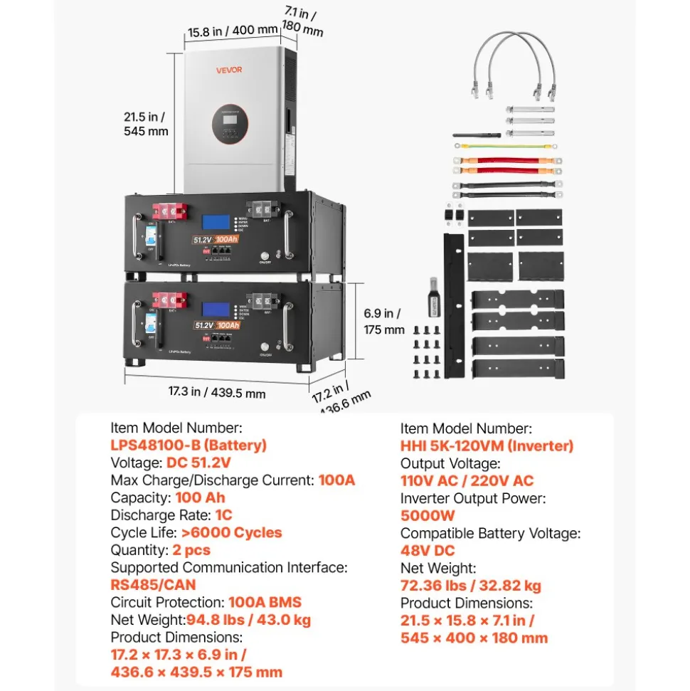 VEVOR Home Power Station Backup Power, 5120Wh, LiFePO4 Lithium Battery, Support Communication, Bluetooth and WiFi, AC 5000W Inverter, Fast Charge, for Home Backup, Emergency, Solar System Components