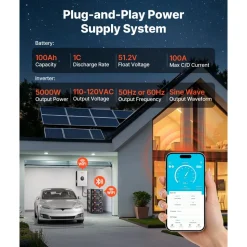 VEVOR Home Power Station Backup Power, 5120Wh, LiFePO4 Lithium Battery, Support Communication, Bluetooth and WiFi, AC 5000W Inverter, Fast Charge, for Home Backup, Emergency, Solar System Components