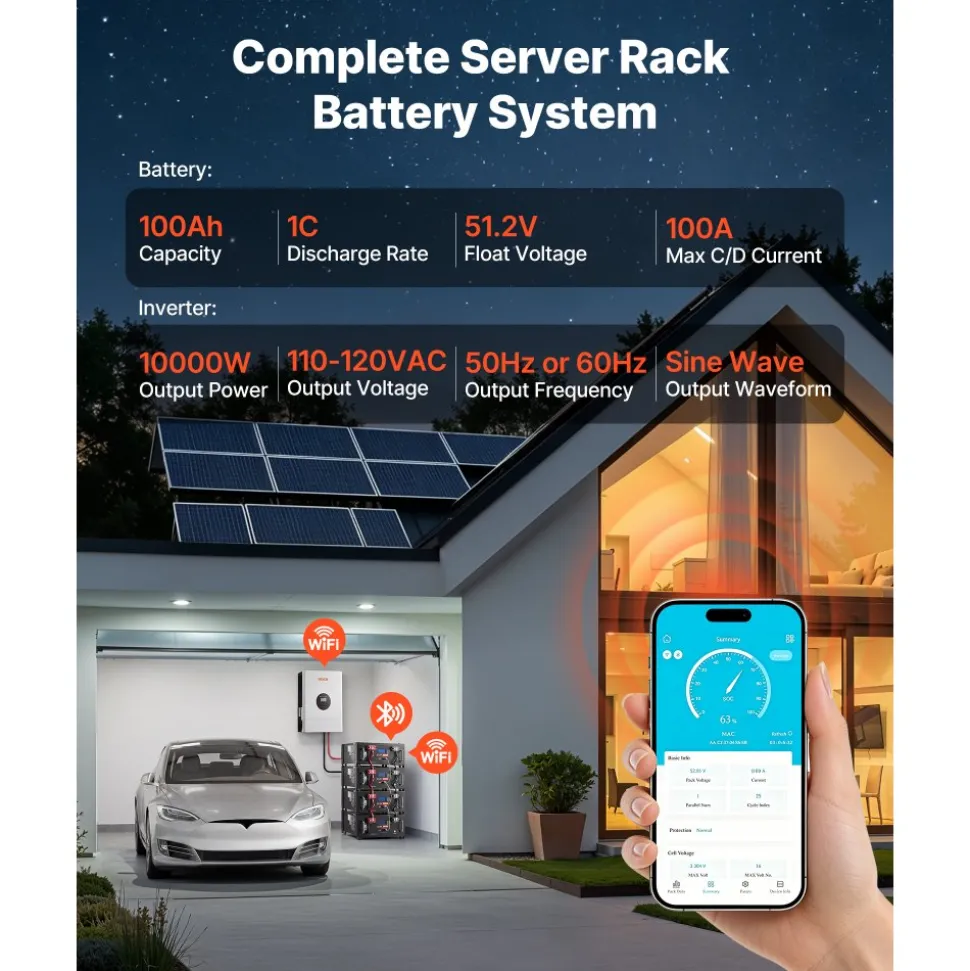 VEVOR Home Power Station Backup Power, 5120Wh, LiFePO4 Lithium Battery, Support Communication, Bluetooth and WiFi, AC 10000W Inverter, Fast Charge, for Home Backup, Emergency, Solar System Components