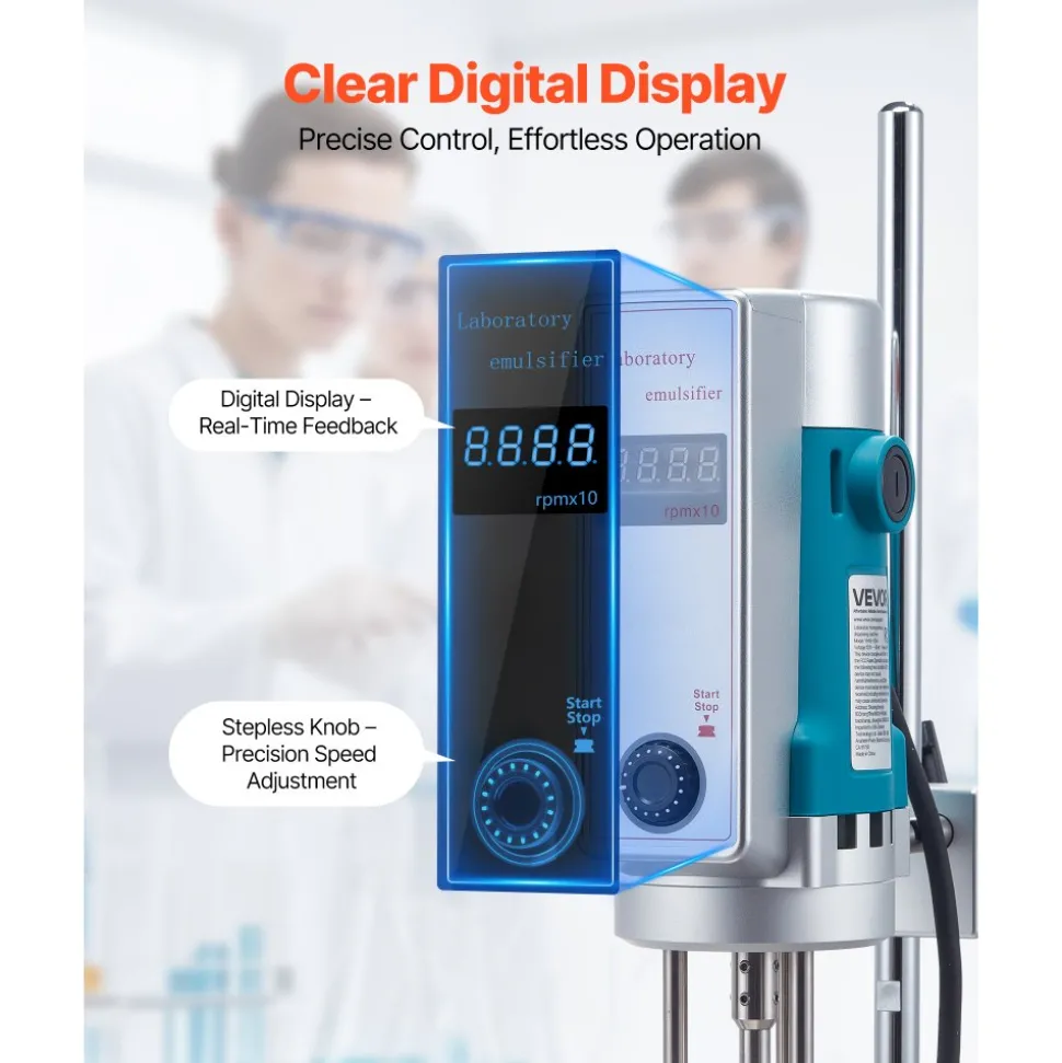 VEVOR Homogenizer, 500 W Laboratory High Speed Dispersing Homogenizer, 200-11000 RPM High Shear Lab Mixer Emulsification Machine, Digital Display Blender, Stainless Steel, for Cosmetics/Food Industry