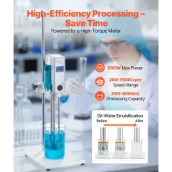 VEVOR Homogenizer, 500 W Laboratory High Speed Dispersing Homogenizer, 200-11000 RPM High Shear Lab Mixer Emulsification Machine, Digital Display Blender, Stainless Steel, for Cosmetics/Food Industry
