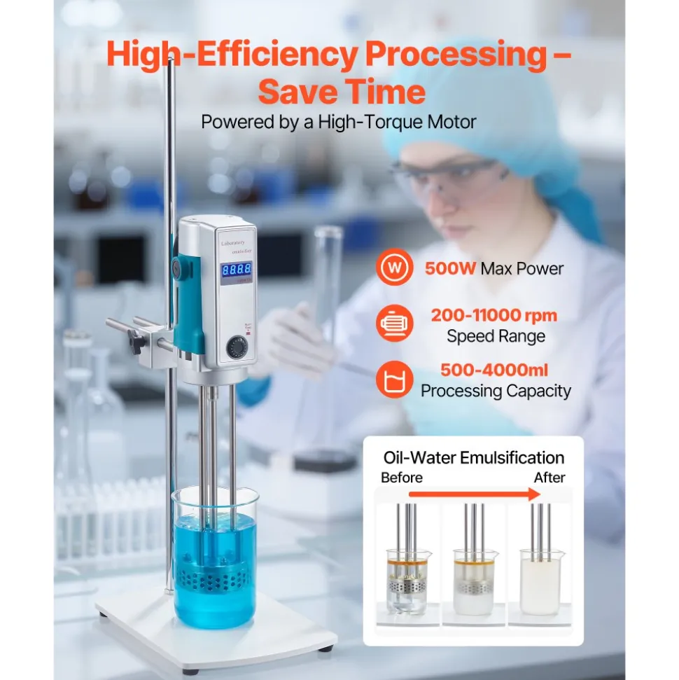 VEVOR Homogenizer, 500 W Laboratory High Speed Dispersing Homogenizer, 200-11000 RPM High Shear Lab Mixer Emulsification Machine, Digital Display Blender, Stainless Steel, for Cosmetics/Food Industry