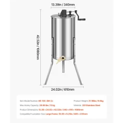 VEVOR Honey Extractor, 2 Frame Manual Honey Spinner with Transparent Lid, Stainless Steel Honeycomb Drum Spinner with Height Adjustable Stand, Honeycomb Extraction Centrifuge Equipment for Beekeeping