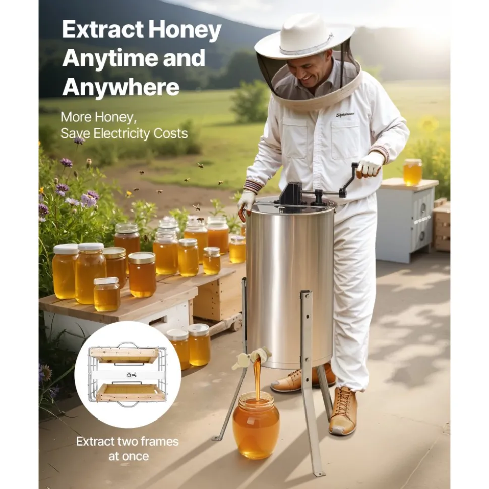 VEVOR Honey Extractor, 2 Frame Manual Honey Spinner with Transparent Lid, Stainless Steel Honeycomb Drum Spinner with Height Adjustable Stand, Honeycomb Extraction Centrifuge Equipment for Beekeeping