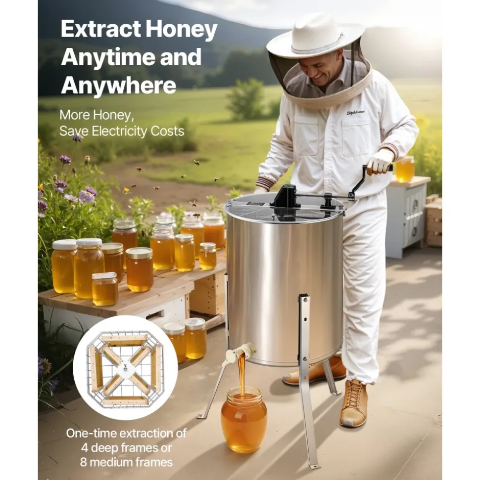 VEVOR Honey Extractor, 4/8 Frame Manual Honey Spinner with Transparent Lid, Stainless Steel Honeycomb Drum Spinner with Height Adjustable Stand, Honeycomb Extraction Equipment for Beekeeping