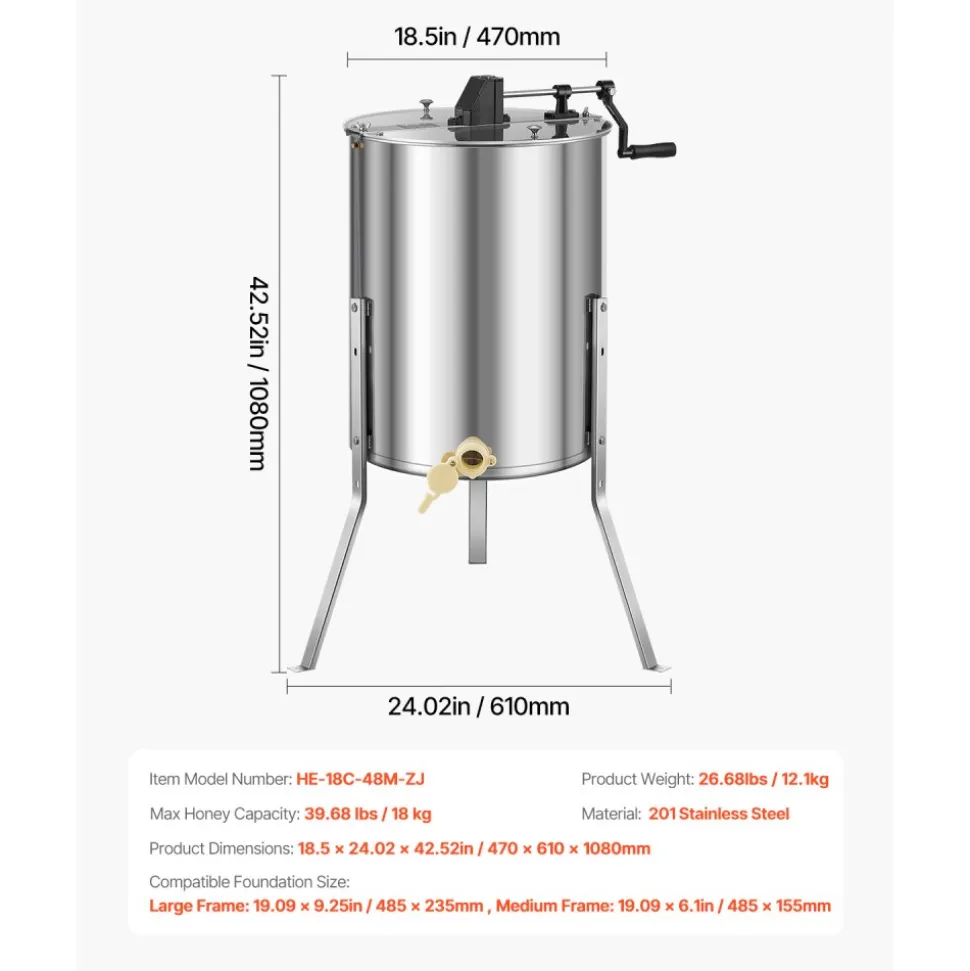 VEVOR Honey Extractor, 4/8 Frame Manual Honey Spinner with Transparent Lid, Stainless Steel Honeycomb Drum Spinner with Height Adjustable Stand, Honeycomb Extraction Equipment for Beekeeping
