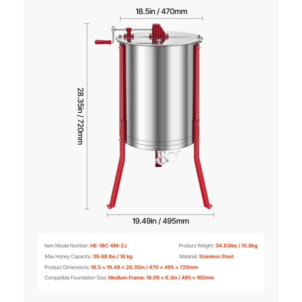 VEVOR Honey Extractor, 6 Frame Manual Honey Spinner with Transparent Lid, Stainless Steel Honeycomb Drum Spinner with Height Adjustable Stand, Honeycomb Extraction Centrifuge Equipment for Beekeeping