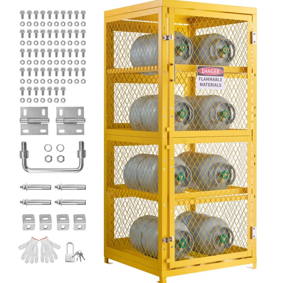 VEVOR Horizontal Cylinder Storage Cabinet, 30"L x 30"W x 70.3"H, 8 Cylinder Capacity, 4-Tier Propane Storage Cage, with Lock and Keys, Yellow Powder-Coated Carbon Steel, for Propane, Oxygen, Nitrogen