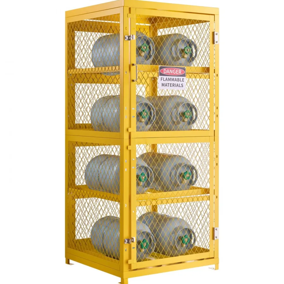 VEVOR Horizontal Cylinder Storage Cabinet, 30"L x 30"W x 70.3"H, 8 Cylinder Capacity, 4-Tier Propane Storage Cage, with Lock and Keys, Yellow Powder-Coated Carbon Steel, for Propane, Oxygen, Nitrogen