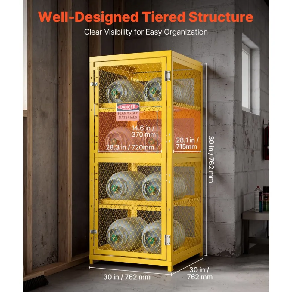 VEVOR Horizontal Cylinder Storage Cabinet, 30"L x 30"W x 70.3"H, 8 Cylinder Capacity, 4-Tier Propane Storage Cage, with Lock and Keys, Yellow Powder-Coated Carbon Steel, for Propane, Oxygen, Nitrogen