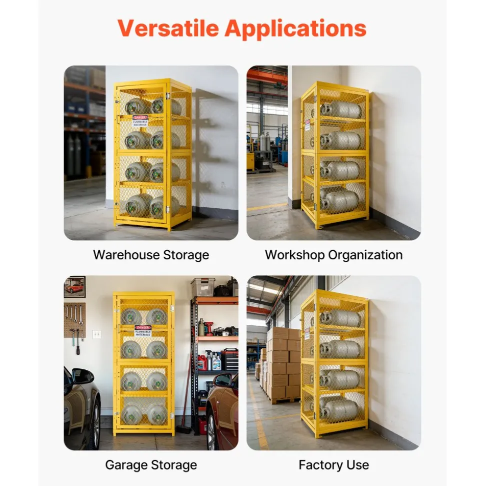 VEVOR Horizontal Cylinder Storage Cabinet, 30"L x 30"W x 70.3"H, 8 Cylinder Capacity, 4-Tier Propane Storage Cage, with Lock and Keys, Yellow Powder-Coated Carbon Steel, for Propane, Oxygen, Nitrogen