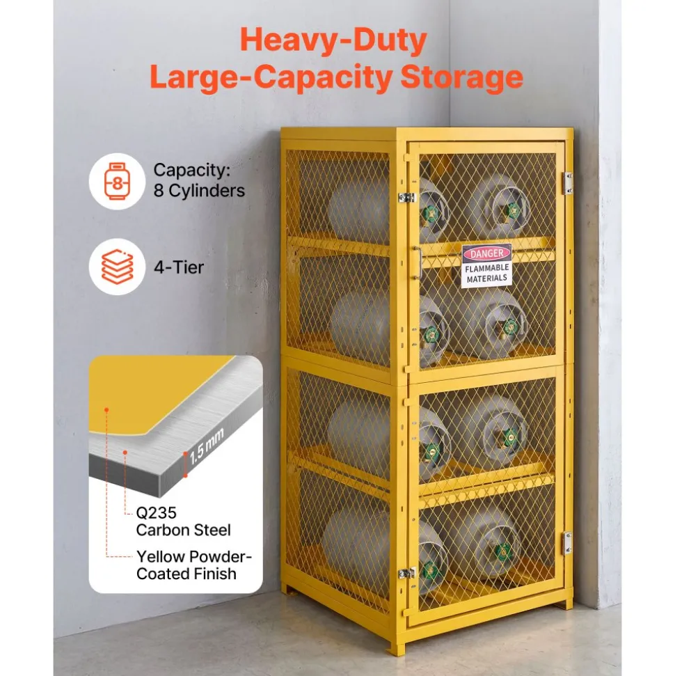 VEVOR Horizontal Cylinder Storage Cabinet, 30"L x 30"W x 70.3"H, 8 Cylinder Capacity, 4-Tier Propane Storage Cage, with Lock and Keys, Yellow Powder-Coated Carbon Steel, for Propane, Oxygen, Nitrogen