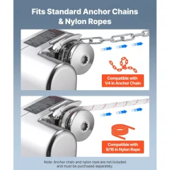 VEVOR Horizontal Fishing Windlass, 12V DC 600W, Windlass Anchor Systems Fit for 1/4-Inch Chain or 9/16 & 5/8 Inch Nylon Rope, Max Pull 573 lbs, 316 Stainless Steel Construction, for Boats 23-29.5 ft