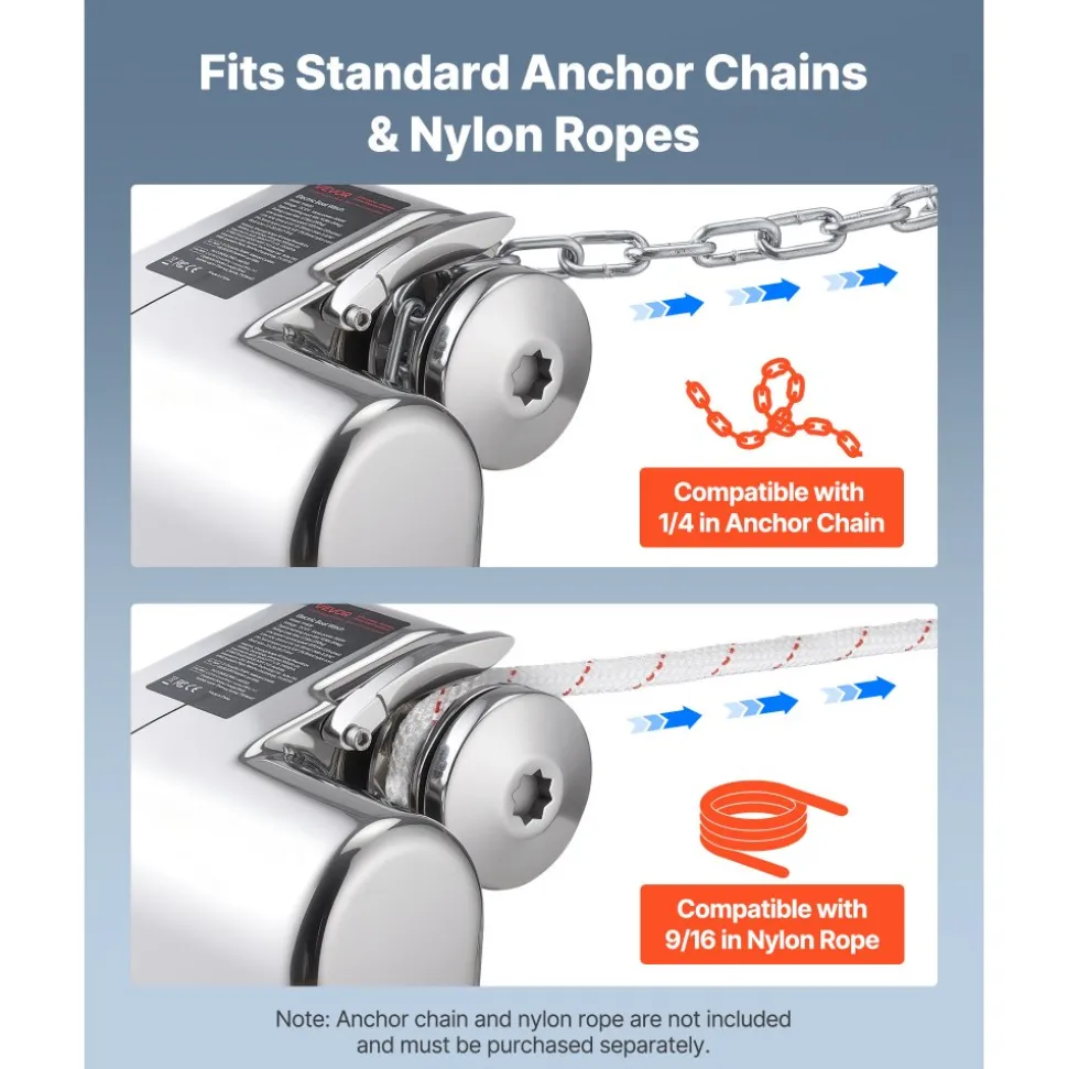 VEVOR Horizontal Fishing Windlass, 12V DC 600W, Windlass Anchor Systems Fit for 1/4-Inch Chain or 9/16 & 5/8 Inch Nylon Rope, Max Pull 573 lbs, 316 Stainless Steel Construction, for Boats 23-29.5 ft