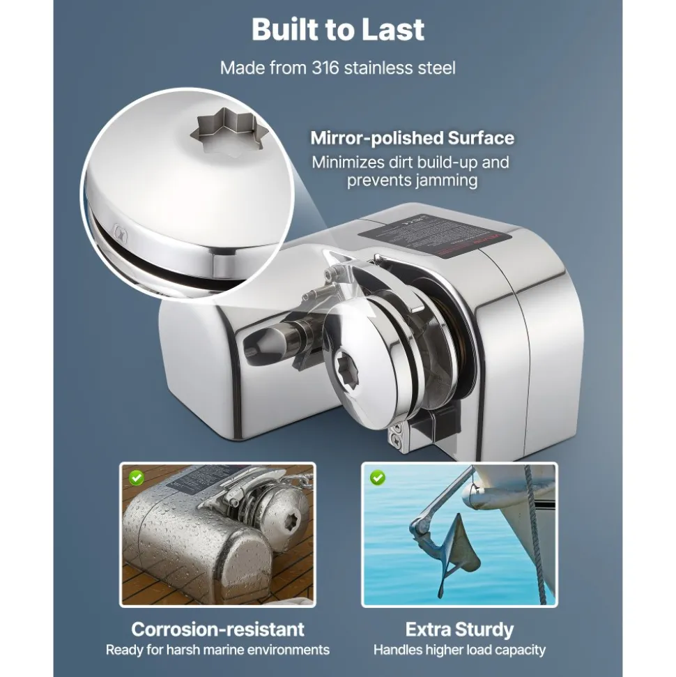 VEVOR Horizontal Fishing Windlass, 12V DC 600W, Windlass Anchor Systems Fit for 1/4-Inch Chain or 9/16 & 5/8 Inch Nylon Rope, Max Pull 573 lbs, 316 Stainless Steel Construction, for Boats 23-29.5 ft