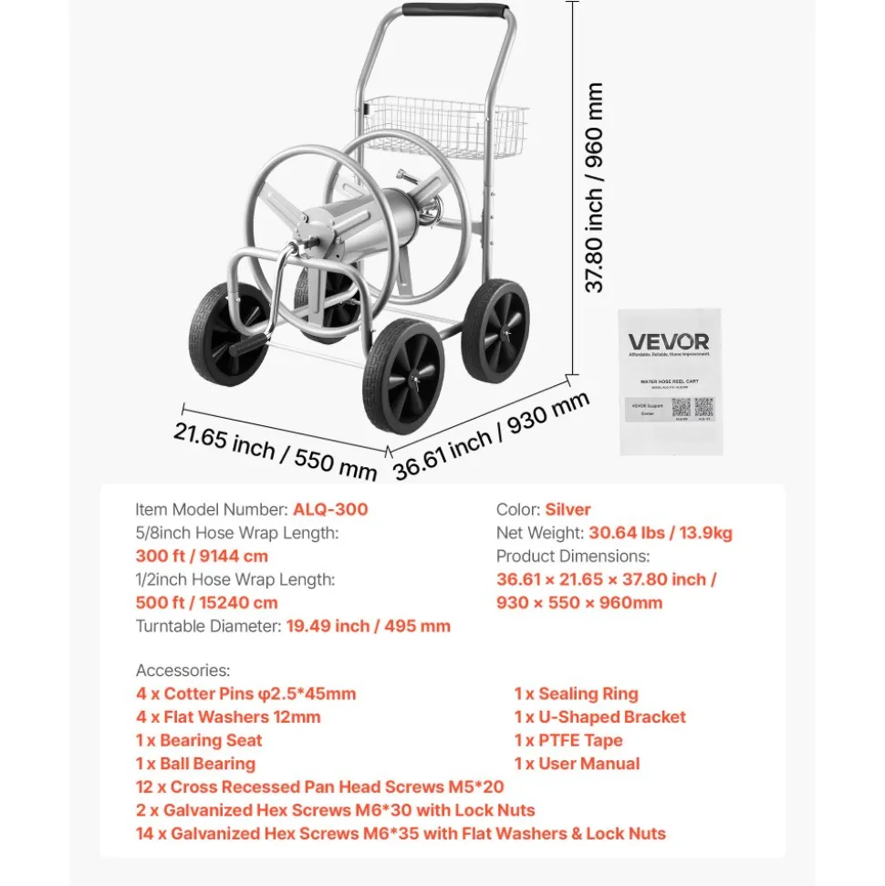 VEVOR Hose Reel Cart, Hold Up to 175 ft of 5/8’’ Hose (Hose Not Included), Garden Water Hose Carts Mobile Tools with Wheels, Heavy Duty Powder-coated Steel Outdoor Planting for Garden, Yard, Lawn