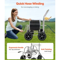 VEVOR Hose Reel Cart, Hold Up to 250 ft of 5/8’’ Hose, Garden Water Hose Carts Mobile Tools with 4 Wheels, Heavy Duty Powder-coated Steel Outdoor Planting with Storage Basket, for Garden, Yard, Lawn