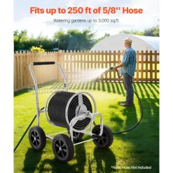 VEVOR Hose Reel Cart, Hold Up to 250 ft of 5/8’’ Hose, Garden Water Hose Carts Mobile Tools with 4 Wheels, Heavy Duty Powder-coated Steel Outdoor Planting with Storage Basket, for Garden, Yard, Lawn