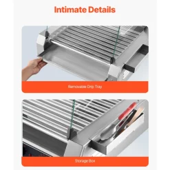 VEVOR Hot Dog Roller, 30 Hot Dog 11 Rollers, Stainless Steel Sausage Grill Cooker, 1600W Commercial Hot Dog Machine with Dual Temp Control, Cover, Side Storage Box, Removable Shelf & Oil Drip Tray