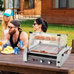 VEVOR Hot Dog Roller, 30 Hot Dog 11 Rollers, Stainless Steel Sausage Grill Cooker, 1600W Commercial Hot Dog Machine with Dual Temp Control, Cover, Side Storage Box, Removable Shelf & Oil Drip Tray