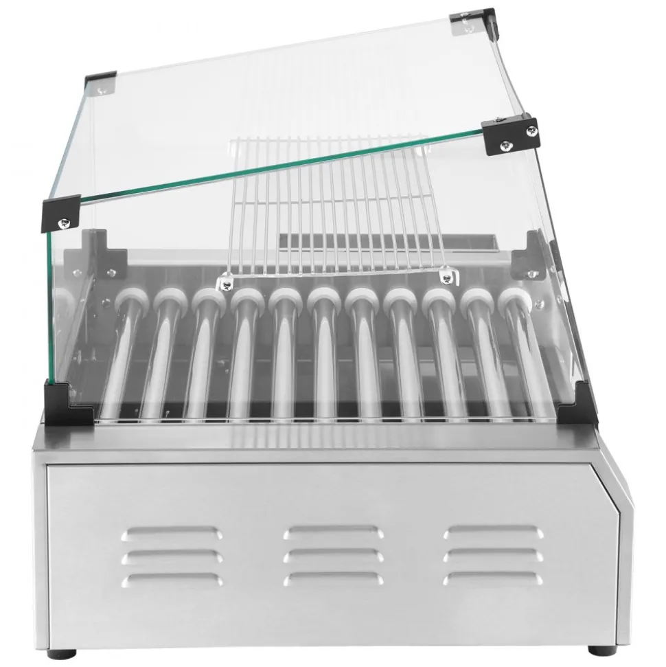VEVOR Hot Dog Roller, 30 Hot Dog 11 Rollers, Stainless Steel Sausage Grill Cooker, 1600W Commercial Hot Dog Machine with Dual Temp Control, Cover, Side Storage Box, Removable Shelf & Oil Drip Tray