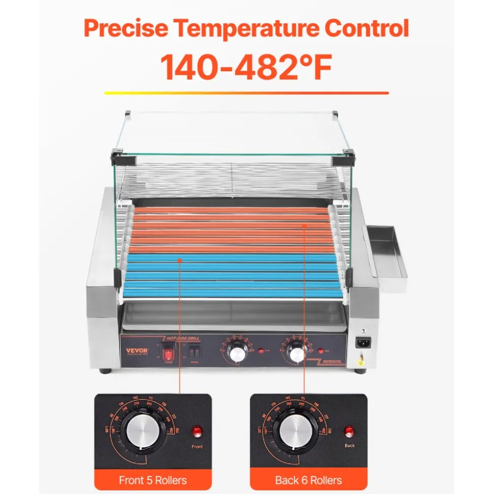 VEVOR Hot Dog Roller, 30 Hot Dog 11 Rollers, Stainless Steel Sausage Grill Cooker, 1600W Commercial Hot Dog Machine with Dual Temp Control, Cover, Side Storage Box, Removable Shelf & Oil Drip Tray