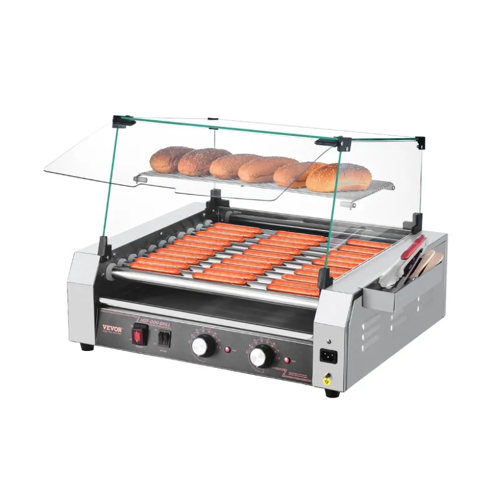 VEVOR Hot Dog Roller, 30 Hot Dog 11 Rollers, Stainless Steel Sausage Grill Cooker, 1600W Commercial Hot Dog Machine with Dual Temp Control, Cover, Side Storage Box, Removable Shelf & Oil Drip Tray