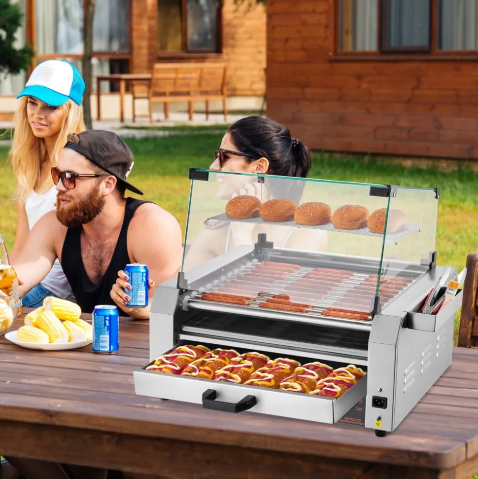 VEVOR Hot Dog Roller, 30 Hot Dog 11 Rollers, Stainless Steel Sausage Grill Cooker, 1950W Hot Dog Machine with Bun Warmer, Cover, 3 Temp Control, Side Storage Box, Oil Drip Tray, for Home & Commercial