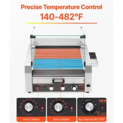 VEVOR Hot Dog Roller, 12 Hot Dog 5 Rollers, Stainless Steel Sausage Grill Cooker, 750W Commercial Hot Dog Machine with Dual Temp Control, Cover, Side Storage Box, Removable Shelf & Oil Drip Tray