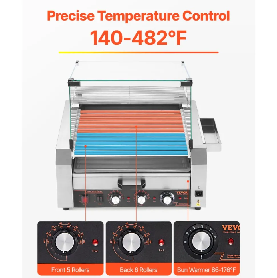 VEVOR Hot Dog Roller, 30 Hot Dog 11 Rollers, Stainless Steel Sausage Grill Cooker, 1950W Hot Dog Machine with Bun Warmer, Cover, 3 Temp Control, Side Storage Box, Oil Drip Tray, for Home & Commercial