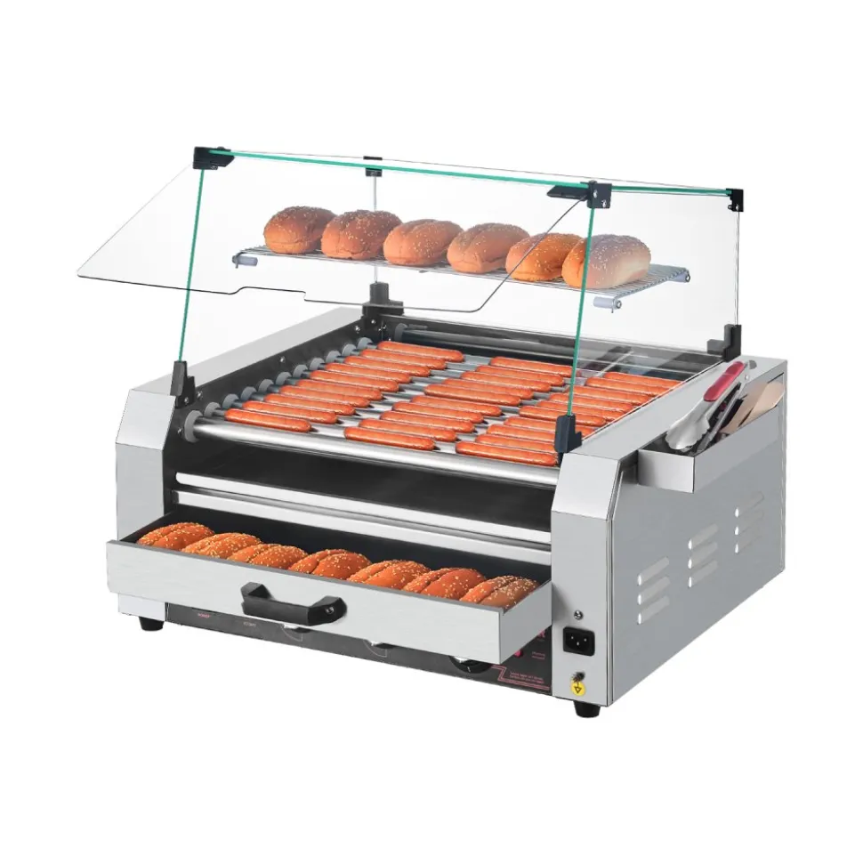 VEVOR Hot Dog Roller, 30 Hot Dog 11 Rollers, Stainless Steel Sausage Grill Cooker, 1950W Hot Dog Machine with Bun Warmer, Cover, 3 Temp Control, Side Storage Box, Oil Drip Tray, for Home & Commercial