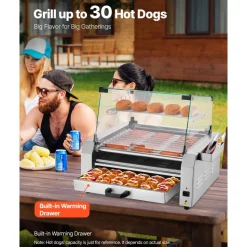 VEVOR Hot Dog Roller, 30 Hot Dog 11 Rollers, Stainless Steel Sausage Grill Cooker, 1950W Hot Dog Machine with Bun Warmer, Cover, 3 Temp Control, Side Storage Box, Oil Drip Tray, for Home & Commercial