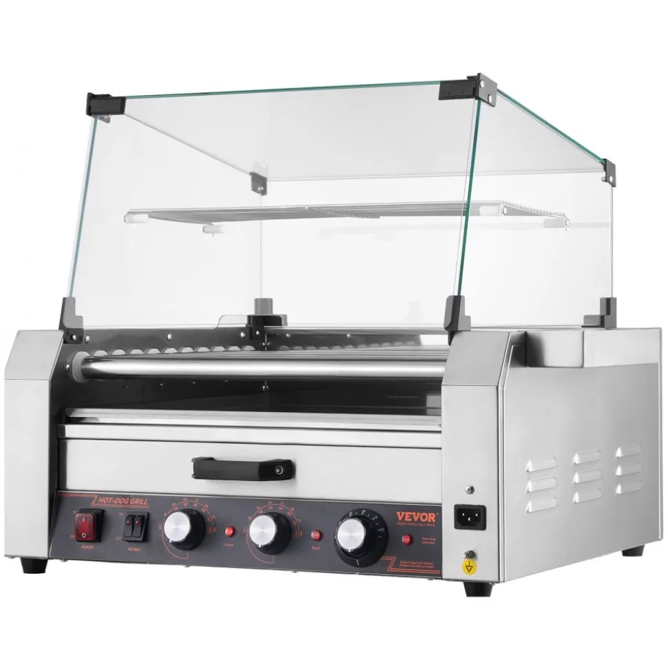 VEVOR Hot Dog Roller, 30 Hot Dog 11 Rollers, Stainless Steel Sausage Grill Cooker, 1950W Hot Dog Machine with Bun Warmer, Cover, 3 Temp Control, Side Storage Box, Oil Drip Tray, for Home & Commercial