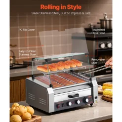 VEVOR Hot Dog Roller, 30 Hot Dog 11 Rollers, Stainless Steel Sausage Grill Cooker, 1950W Hot Dog Machine with Bun Warmer, Cover, 3 Temp Control, Side Storage Box, Oil Drip Tray, for Home & Commercial