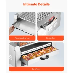 VEVOR Hot Dog Roller, 30 Hot Dog 11 Rollers, Stainless Steel Sausage Grill Cooker, 1950W Hot Dog Machine with Bun Warmer, Cover, 3 Temp Control, Side Storage Box, Oil Drip Tray, for Home & Commercial
